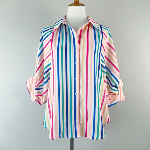 Entro Rainbow Striped Top Small Dolman Puff Sleeve Round Hem Collar Button Down - Picture 3 of 11